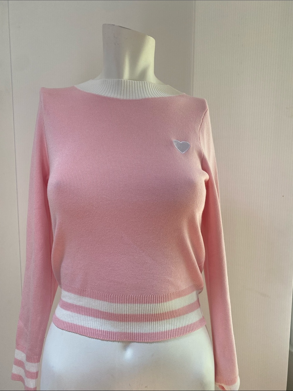 Soft Pink Crewneck Sweater with Heart Detail